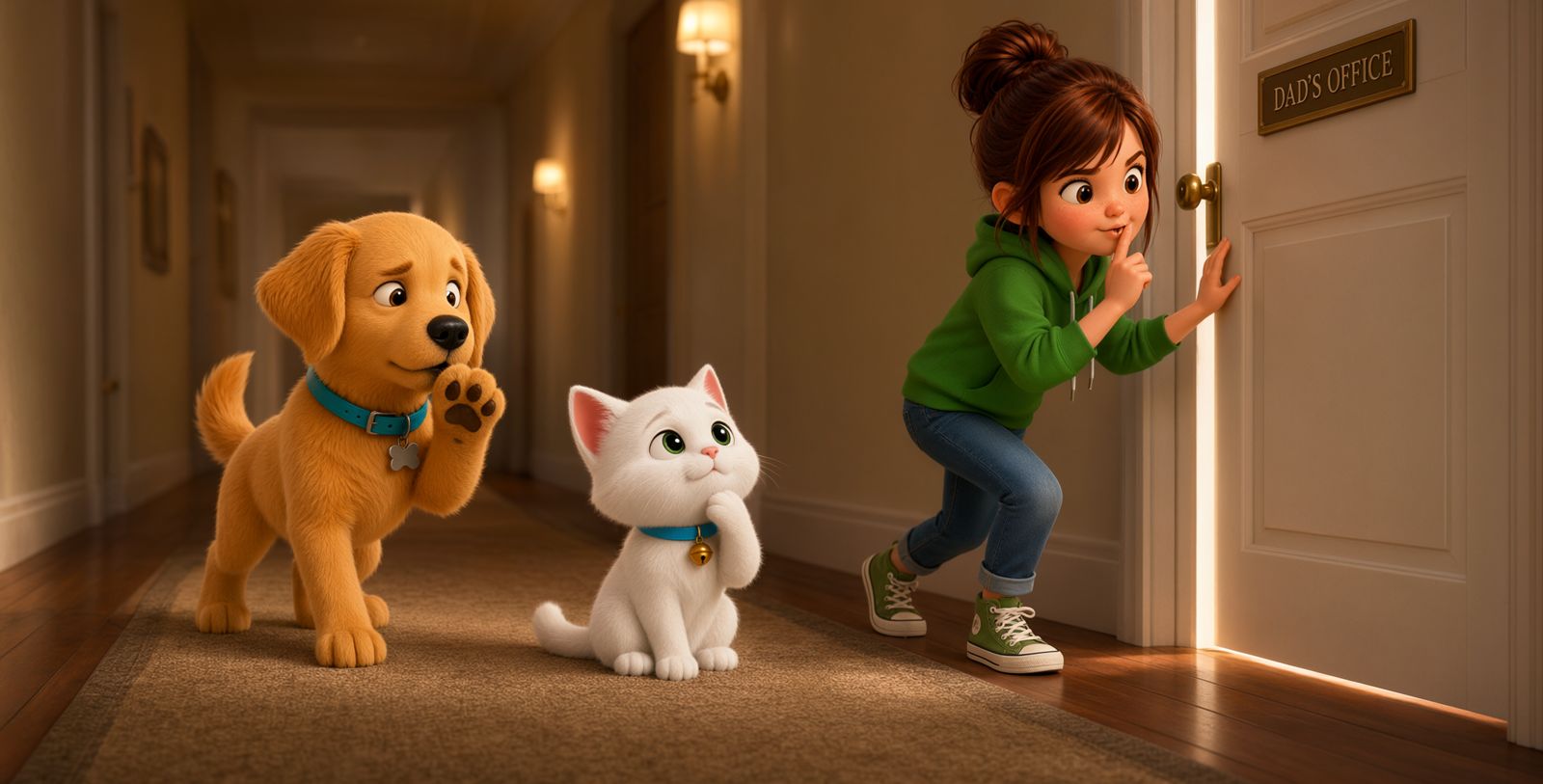 Three consistent characters in one scene: a girl, a golden puppy and a white kitten in a hallway.